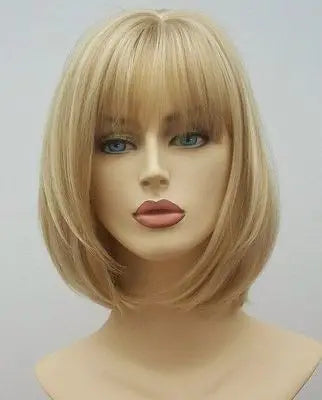 Women Bob Blonde Straight Short Bob Hair Flat Bangs Women Synthetic Wigs Blonde HighLights Hair Wig Heat Resistant Fiber