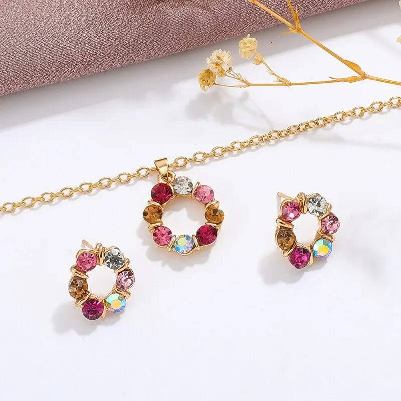 3pcs Gold Necklace Earrings Set Ladies Celebrity Simple Fashion Style Exquisite Stained Glass Diamond Circle Shape Jewelry Beauty hair & fashionfj