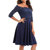 Women Elegant Wedding Bridesmaid Dinner Dress Sexy Lace Off Shoulder Party Dresses Solid Color Half Sleeve Evening Gown Vestido Beauty hair & fashionfj