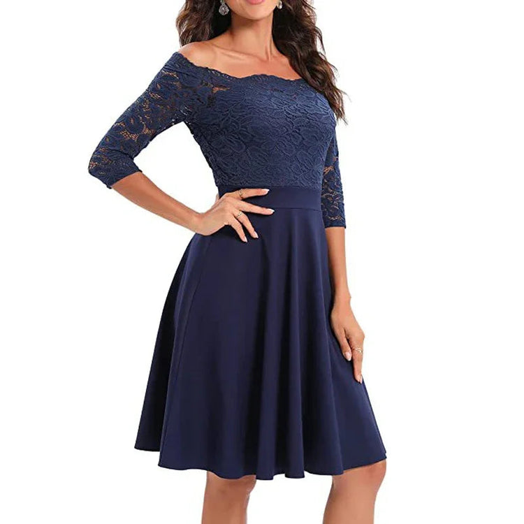 Women Elegant Wedding Bridesmaid Dinner Dress Sexy Lace Off Shoulder Party Dresses Solid Color Half Sleeve Evening Gown Vestido Beauty hair & fashionfj