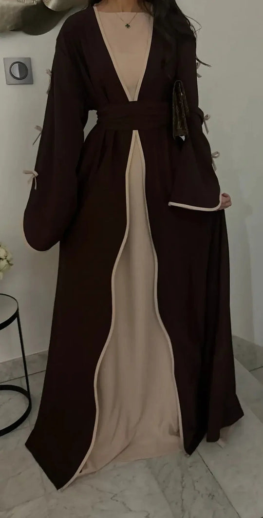 Women Muslim Arab Bow Round Neck Gown Long Sleeves Corset Ramadan Elegant Loose Cardigan Beauty hair & fashionfj