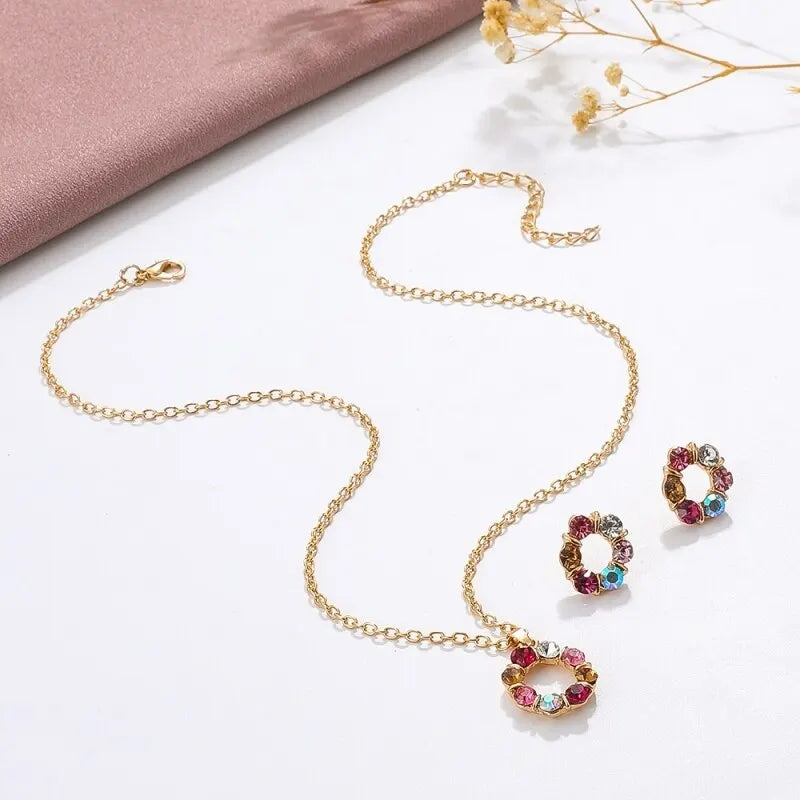3pcs Gold Necklace Earrings Set Ladies Celebrity Simple Fashion Style Exquisite Stained Glass Diamond Circle Shape Jewelry Beauty hair & fashionfj
