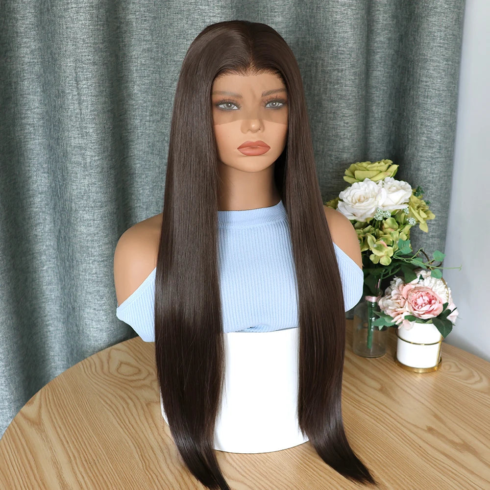 Dark Chocolate Brown Long Straight Synthetic Hair 13x4 Lace Front Wigs Transparent Lace Wigs For Women Bone Straight Wig 180% Beauty hair & fashionfj