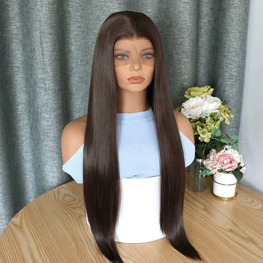 Dark Chocolate Brown Long Straight Synthetic Hair 13x4 Lace Front Wigs Transparent Lace Wigs For Women Bone Straight Wig 180% Beauty hair & fashionfj