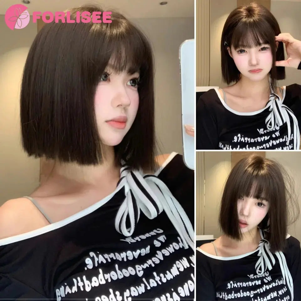 FORLISEE Synthetic Wig Short Black Brown with Bangs for Women Bob Straight Wig High Temperature Daily Cosplay Party Wigs Beauty hair & fashionfj
