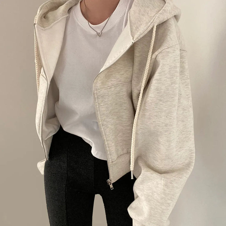 Casual Hood Sweatshirt Women Y2K Zip Up Hoodies Solid Harajuku Long Sleeve Shirt Oversized Crop Tops Female Loose Jackets Coat Beauty hair & fashionfj