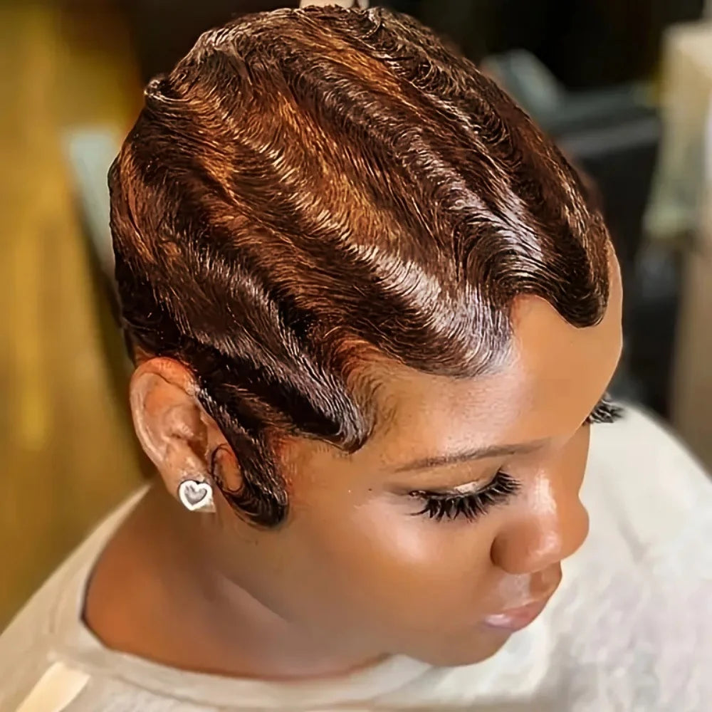 Finger Wave Wig Brazilian Short Pixie Cut Wig Human Hair Wigs For Women Full Machine Made Wig Natural Look