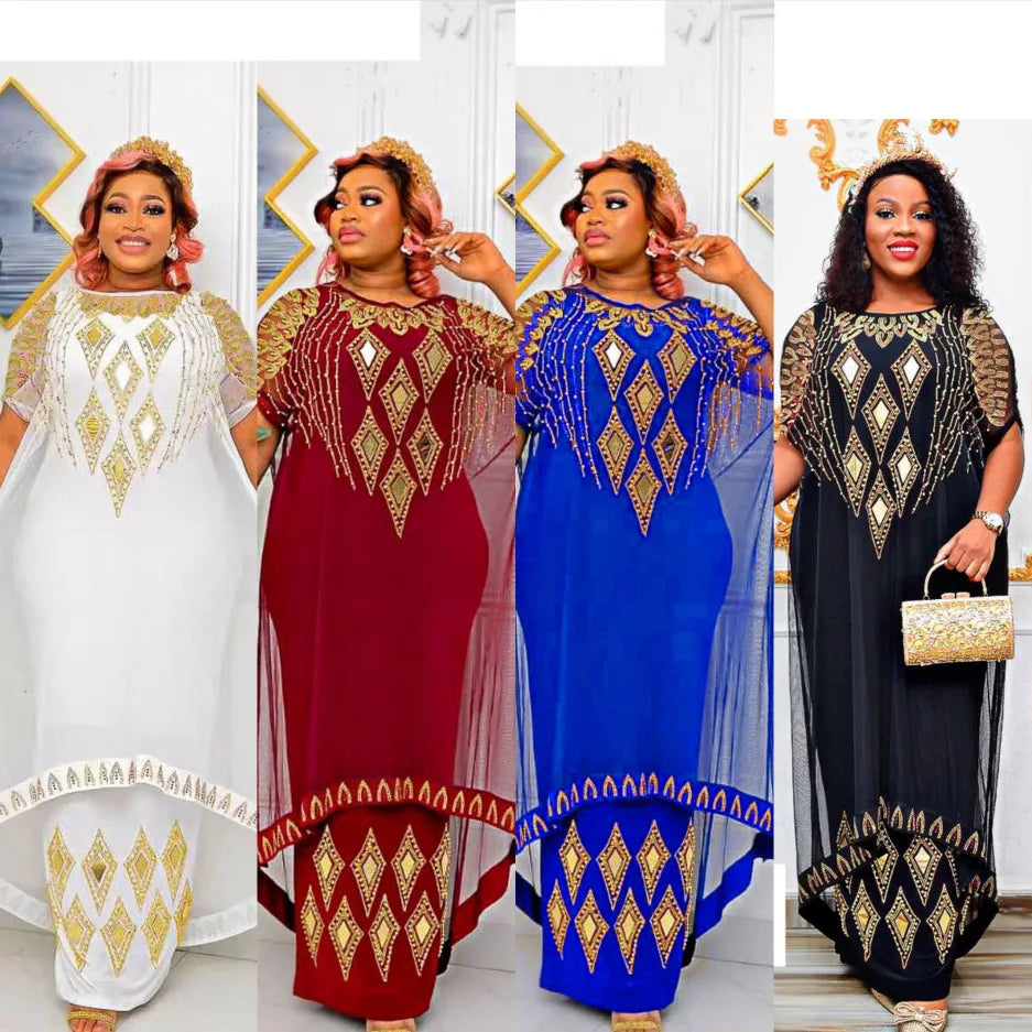 Fake Two-Piece African Dresses for Women 2023 Traditional Nigeria Mesh Hot Drill Caftan Dress Abaya Musulman Robe Femme Clothes Beauty hair & fashionfj