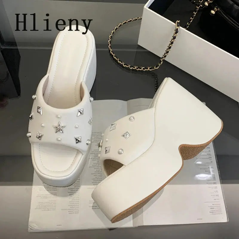 Hlieny Summer Platform Women's Wedges Slippers Shoes Fashion Metal Rivets Thick Bottom High Heels Banquet Female Sandals Beauty hair & fashionfj