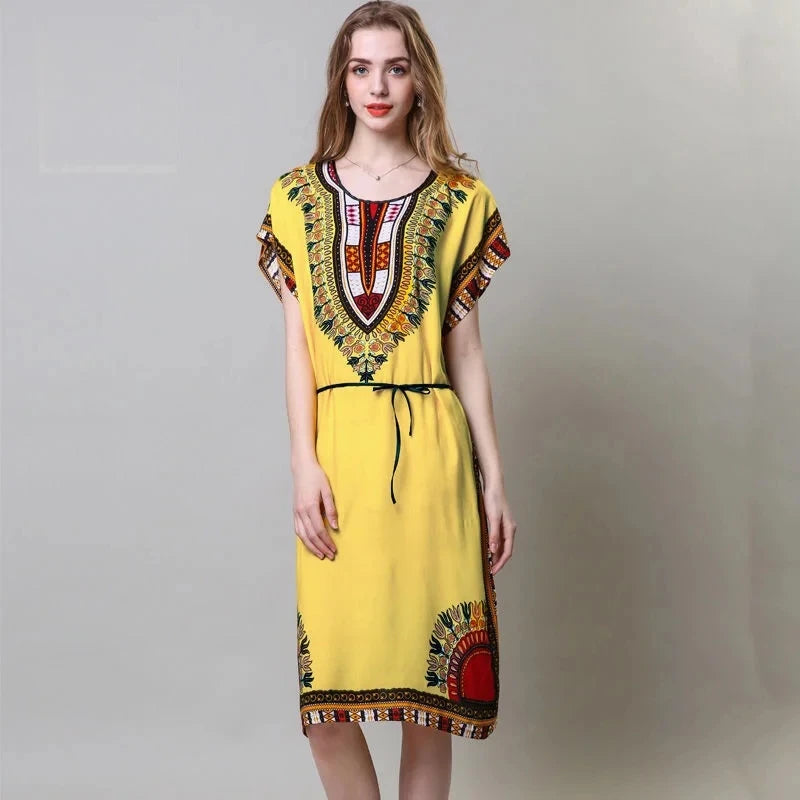 Summer Trend Ethnic V-Neck Printed Women's Dress Vintage Elegant Batswing Sleeves Elastic Waist Large Swing Casual Holiday Dress Beauty hair & fashionfj