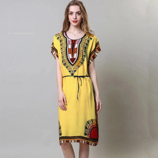 Summer Trend Ethnic V-Neck Printed Women's Dress Vintage Elegant Batswing Sleeves Elastic Waist Large Swing Casual Holiday Dress Beauty hair & fashionfj