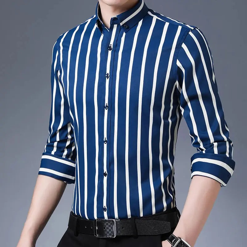 Men's Striped Button-Down Collar Design Iron-Free Dress Shirts, Long Sleeve Stretchy Casual Button Up Shirt for All-Seasons Beauty hair & fashionfj