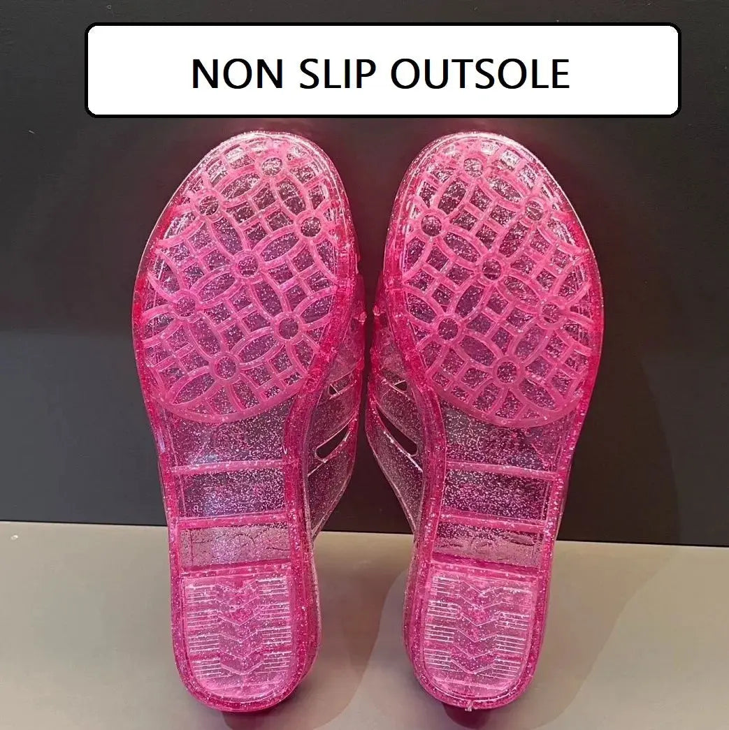 Transparent Jelly Slippers Women's Summer Wedged Heel Mules Shoes Woman Sparkling Glitter Sandal Open Toe Outdoor Clear Slipper Beauty hair & fashionfj