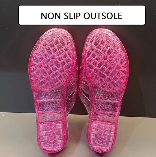 Transparent Jelly Slippers Women's Summer Wedged Heel Mules Shoes Woman Sparkling Glitter Sandal Open Toe Outdoor Clear Slipper Beauty hair & fashionfj