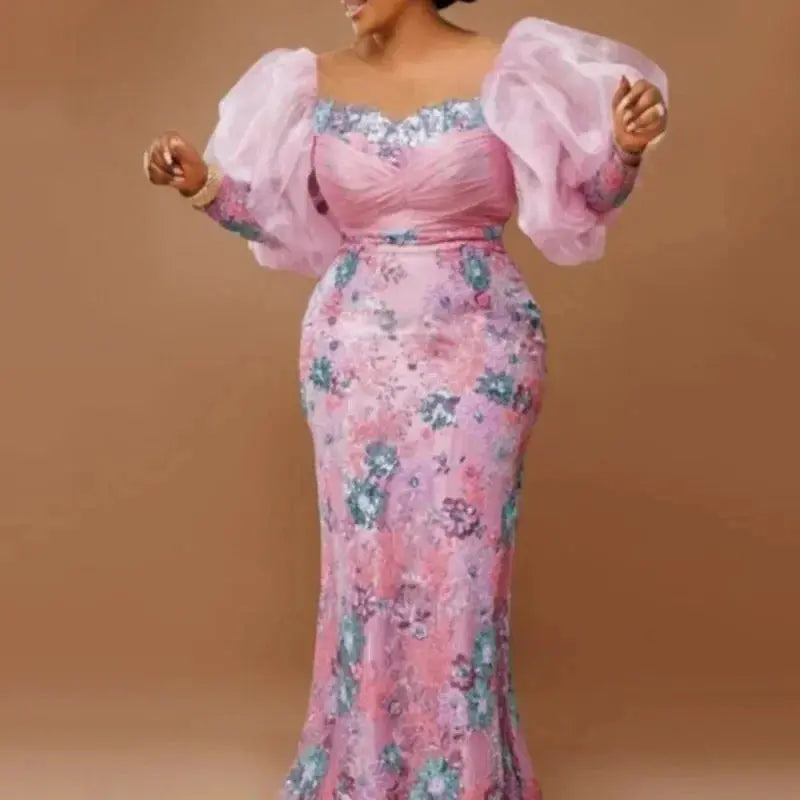 African Wedding Party Dresses for Women Autumn Africa Elegant Long Sleeve Pink Evening Long Robes African Gowns African Clothing Beauty hair & fashionfj