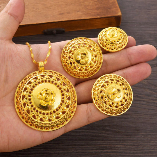 Golden Color Ethiopian Jewelry set Hollow bowl shaped 3-Piece Sets African Eritrean Wedding Engagement Gifts #211