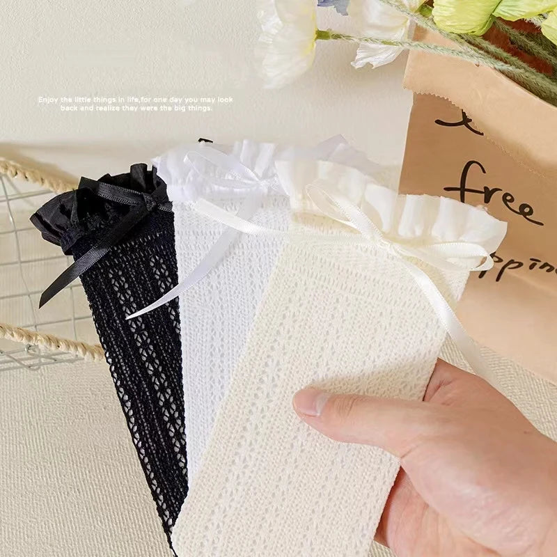 Girls Long Tube Lace Stockings Sweet Bow Jacquard Pattern Mesh Sock Baby Girl Ballet Fishing Net Frilly Socks Lolita Leggings