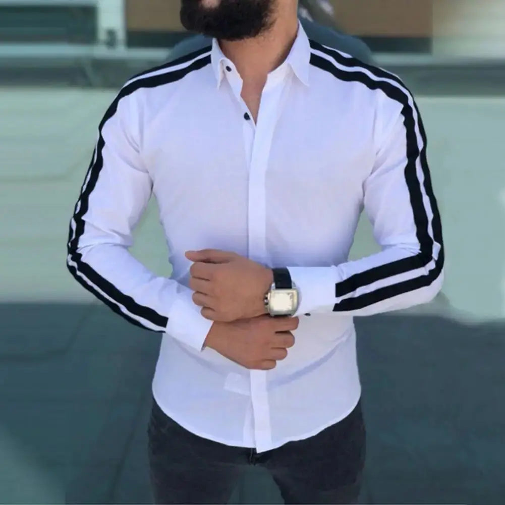 Long Sleeve Turn-down Collar Men Shirt Button Cuffs Side Striped Slim Office Shirt Leisure Clothing Casual Shirt korean popular Beauty hair & fashionfj