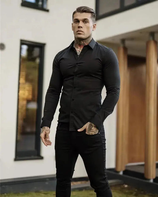 Men's Shirt Fashion Full Sleeve Shirt Men's Muscle Casual Slim-fit Business Dress Solid Color Shirt Men's Gym Fitness Men Shirt Beauty hair & fashionfj