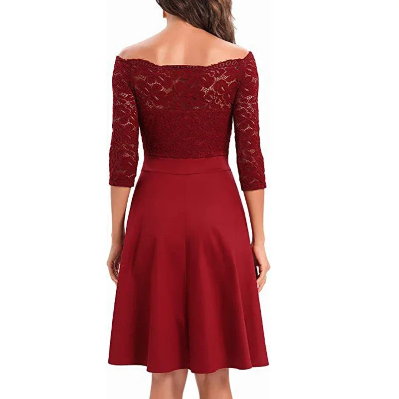 Women Elegant Wedding Bridesmaid Dinner Dress Sexy Lace Off Shoulder Party Dresses Solid Color Half Sleeve Evening Gown Vestido Beauty hair & fashionfj