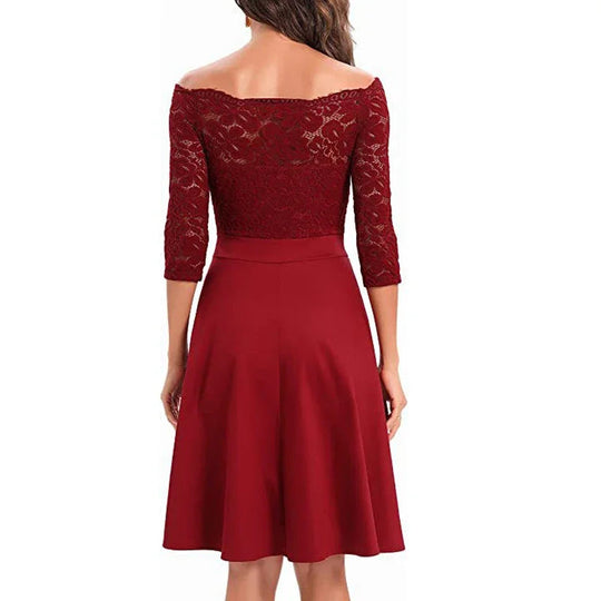 Women Elegant Wedding Bridesmaid Dinner Dress Sexy Lace Off Shoulder Party Dresses Solid Color Half Sleeve Evening Gown Vestido Beauty hair & fashionfj