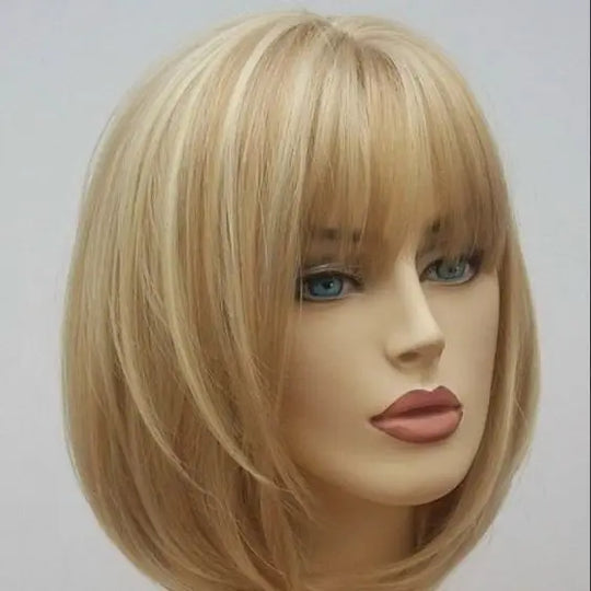 Women Bob Blonde Straight Short Bob Hair Flat Bangs Women Synthetic Wigs Blonde HighLights Hair Wig Heat Resistant Fiber