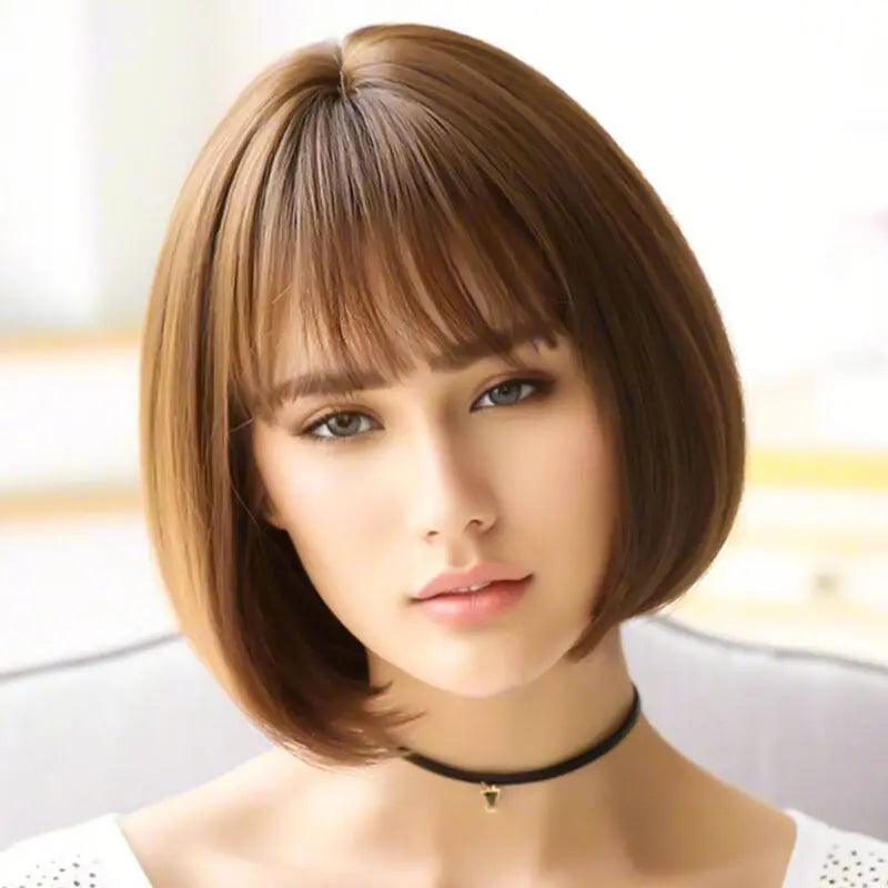 12 Inch Women's Fashionable Bob Wig - Natural Straight Hair , Heat Resistant Synthetic Fiber, Suitable for All Ethnicities