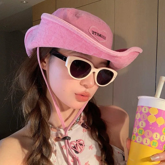 Japanese Retro Washed Cowboy Hats for Women Spring and Summer Outdoor Camping Sun Protection Sweet Pink Love Bucket Caps Beauty hair & fashionfj