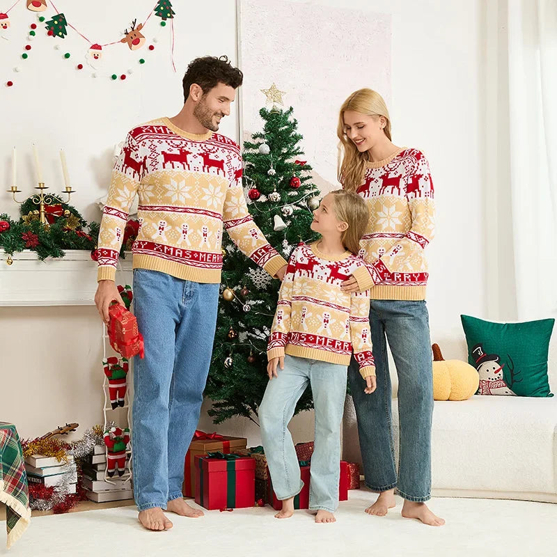 2025 Winter Cartoon Print Mom Dad Kids Matching Outfits Christmas Sweater Full Sleeve Soft Knitwear Cute Jumper Xmas Family Look