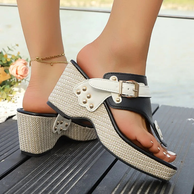 Plus Size Sandals Women Summer New Block Heel Buckle Metal Buckle Slippers One Strap Beach Sandals and Slippers