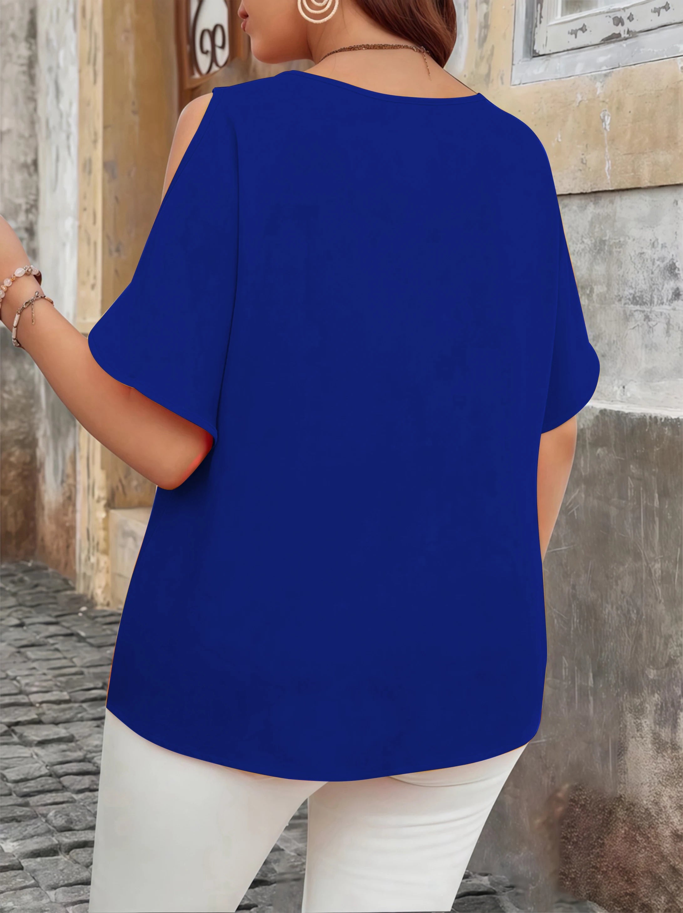 Elegant Off-Shoulder Wave V-Neck T-Shirt - Solid Color Plus Size Women's Blouse, Fashion Casual Short Sleeve Summer Top Beauty hair & fashionfj