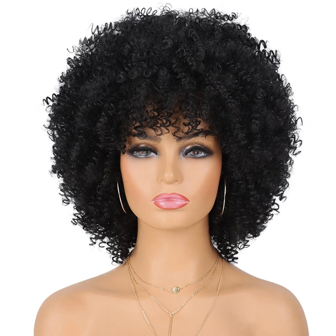Tereshar Synthetic Short Curly with Bangs for Black Women 8 inch Afro Kinky Curly Wig Synthetic Hair Wigs for Daily Party Use