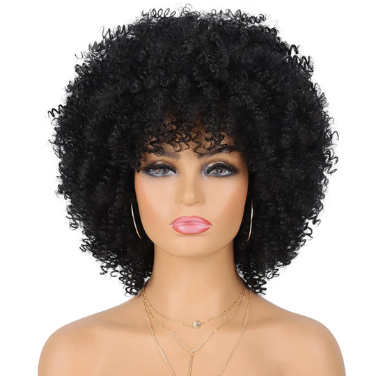 Tereshar Synthetic Short Curly with Bangs for Black Women 8 inch Afro Kinky Curly Wig Synthetic Hair Wigs for Daily Party Use