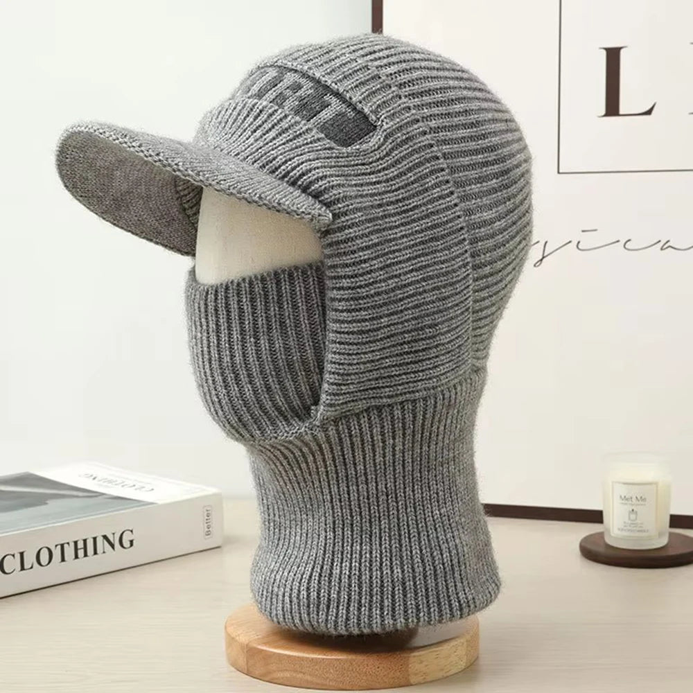 Winter Knitted Hat For Men Women With Ear Protection Integrated Mask Scarf  Couples Windproof Warm Headgear Travel Hat Black