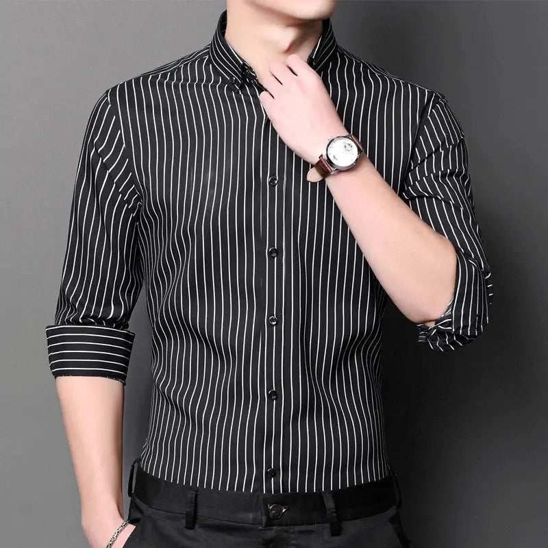 Men's Striped Button-Down Collar Design Iron-Free Dress Shirts, Long Sleeve Stretchy Casual Button Up Shirt for All-Seasons Beauty hair & fashionfj