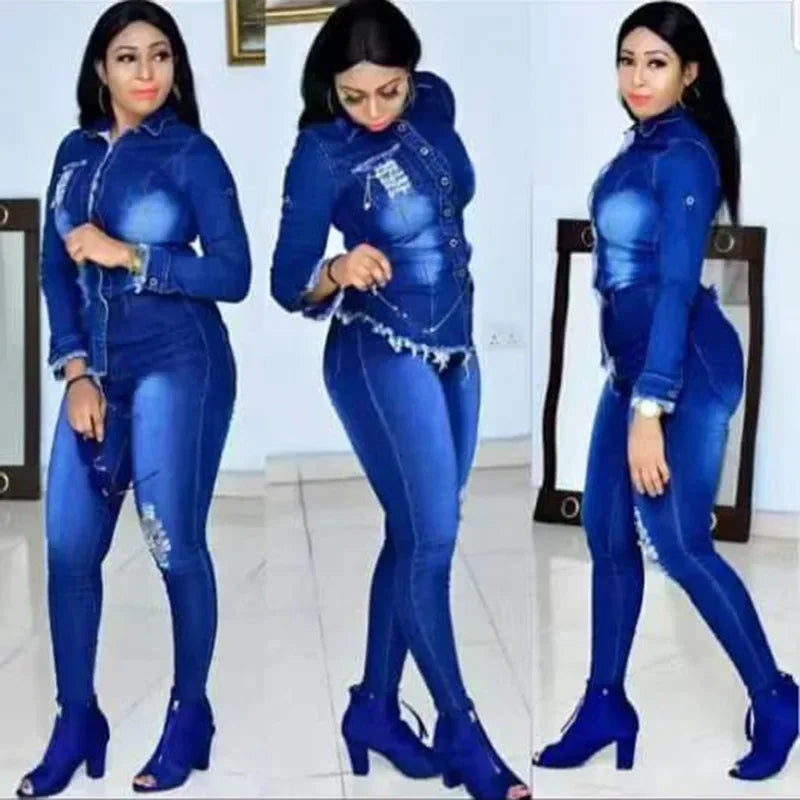 Casual Denim 2 Piece Set Jeans Suit Women Blue Long Sleeve Jeans Jacket Long Pants Slim Tracksuit Outfits 2024 Spring Autumn Beauty hair & fashionfj
