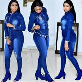 Casual Denim 2 Piece Set Jeans Suit Women Blue Long Sleeve Jeans Jacket Long Pants Slim Tracksuit Outfits 2024 Spring Autumn Beauty hair & fashionfj