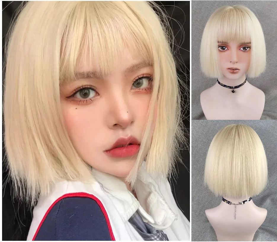 Short Bob Straight Synthetic Blonde Wig With Bangs Girl Female Crochet Hair Silver White Pink Orange Wig