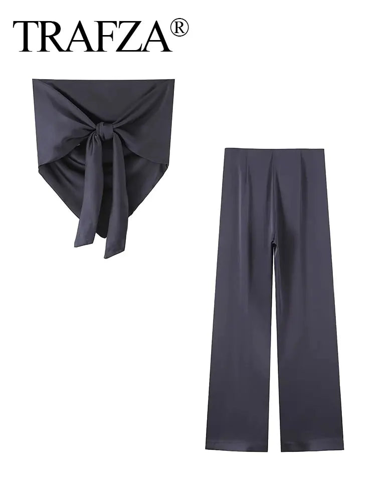TRAFZA Elegant Solid Silk Texture Suit For Women Backless Lace Up Tube Top+High Waist Wide Leg Pants Women's Summer Fashion Set Beauty hair & fashionfj