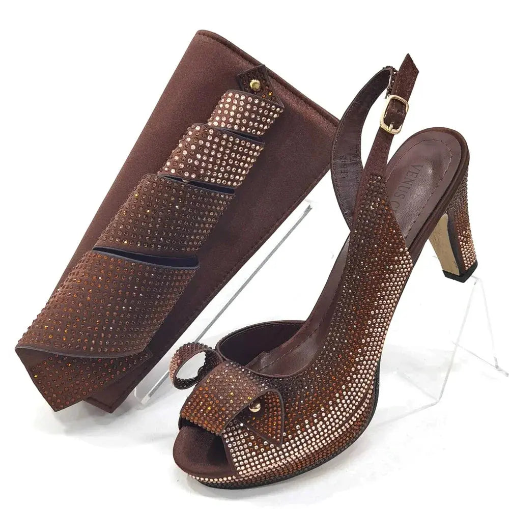 Venus Chan Newest INS Style Peach Color Rhinestone Elegant High Heels Nigeria Popular Design African Ladies Shoes And Bag Set Beauty hair & fashionfj