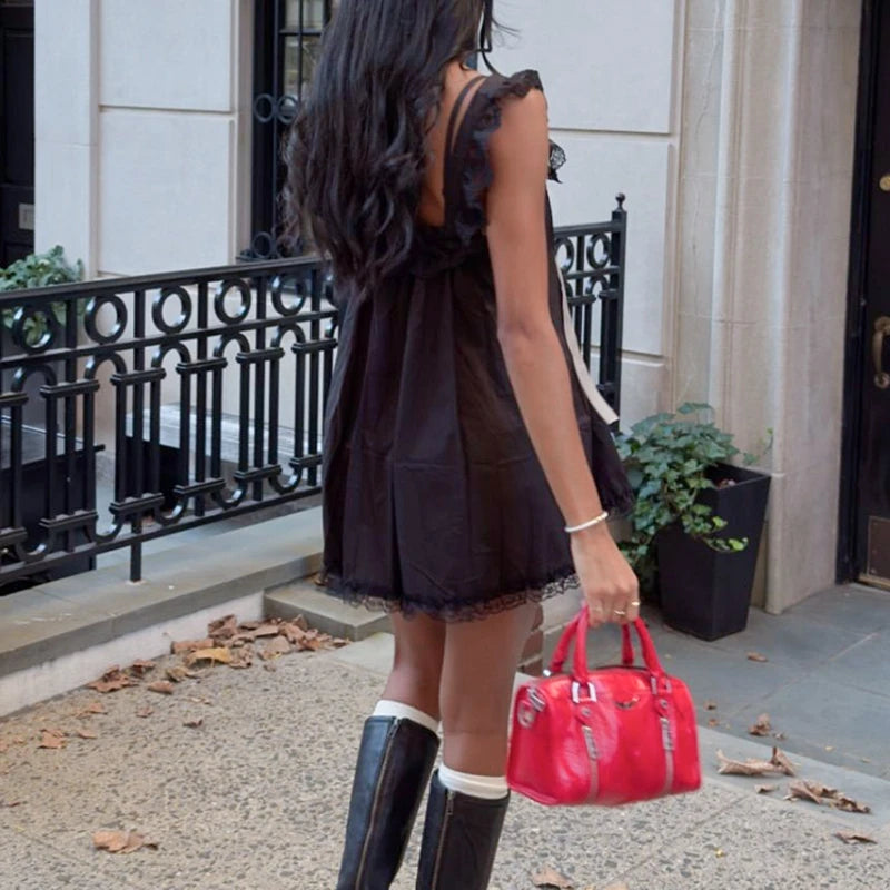 Cute Ribbon Bow Square Collar Sleeveless Short Dress Lace Trimmed Babydoll Mini Dress Fairycore Y2k Cute Women A-line Dress Beauty hair & fashionfj