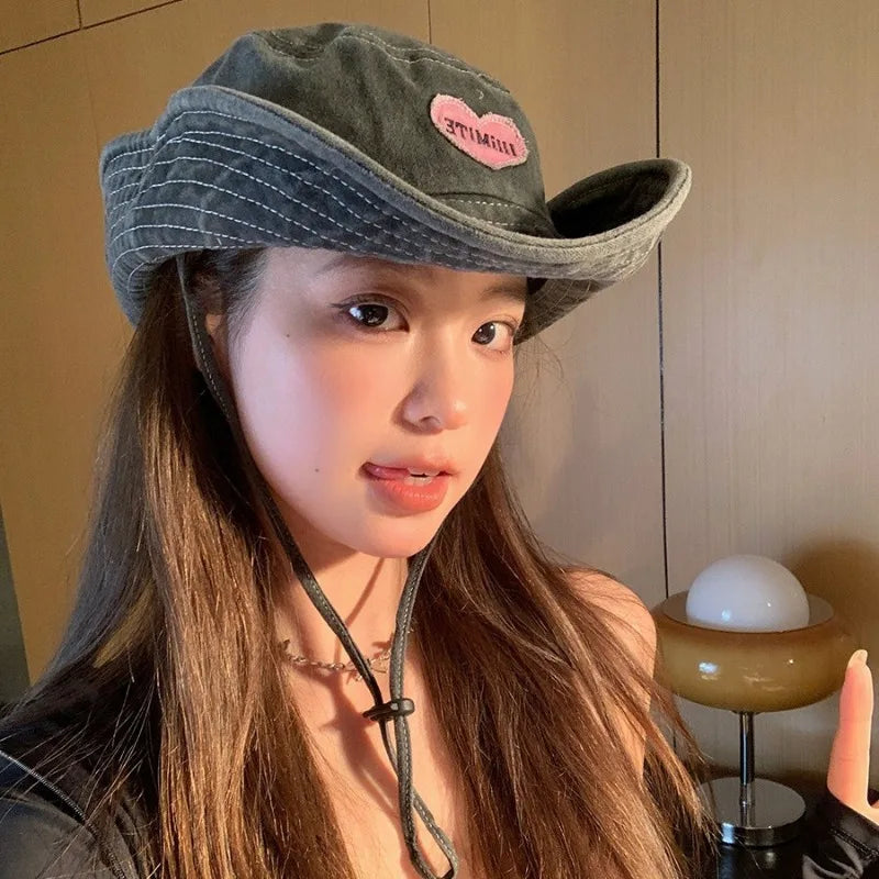 Japanese Retro Washed Cowboy Hats for Women Spring and Summer Outdoor Camping Sun Protection Sweet Pink Love Bucket Caps Beauty hair & fashionfj