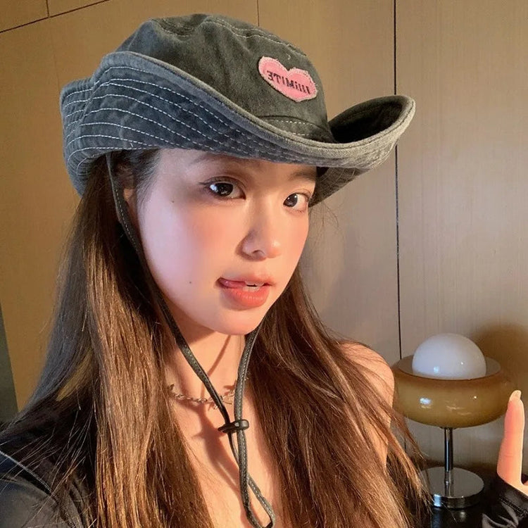 Japanese Retro Washed Cowboy Hats for Women Spring and Summer Outdoor Camping Sun Protection Sweet Pink Love Bucket Caps Beauty hair & fashionfj