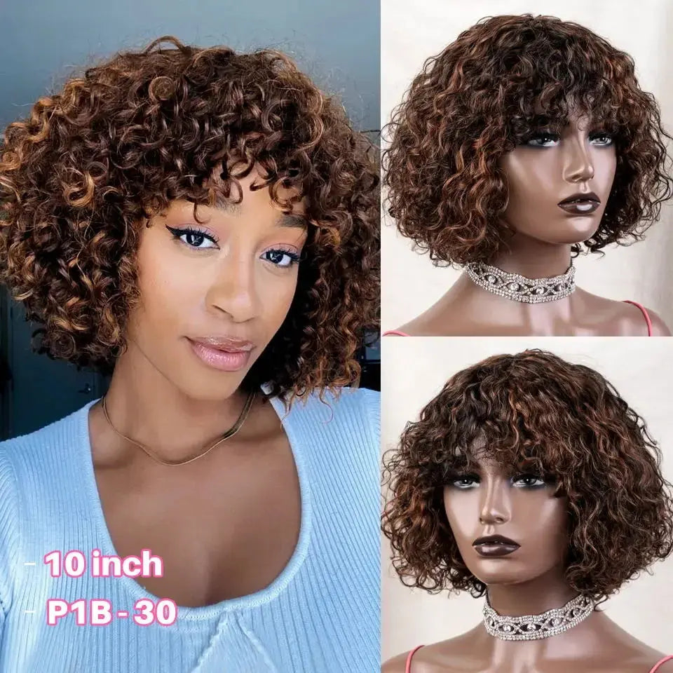 Fringe Bang Wig With Deep Wave Human Hair Water Wave Natural  Deep Curly Brazilian Hair Wigs 180% Density For Women Beauty hair & fashionfj