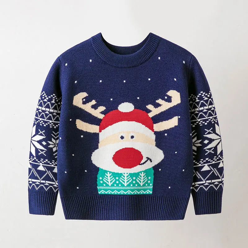 Kid Boys and Girls Casual Long Sleeves Top with Cartoon Prints in Christmas Blue Series Unisex Sweater for Children Comfortable