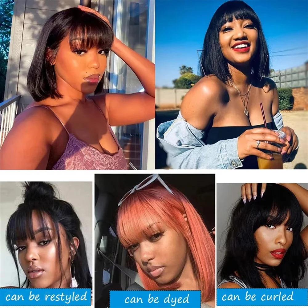 Bone Straight Wig With Bangs Brazilian Fringe Bob Human Hair Wigs Full Machine Made Wigs Short Bob Wig For Women On Clearance