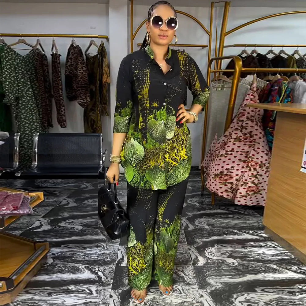 Plus Size African Clothes for Women Ankara Dashiki 2 PCS Set Print Outfits 2024 Autumn Fashion Clothing Tops Pants Trousers Suit