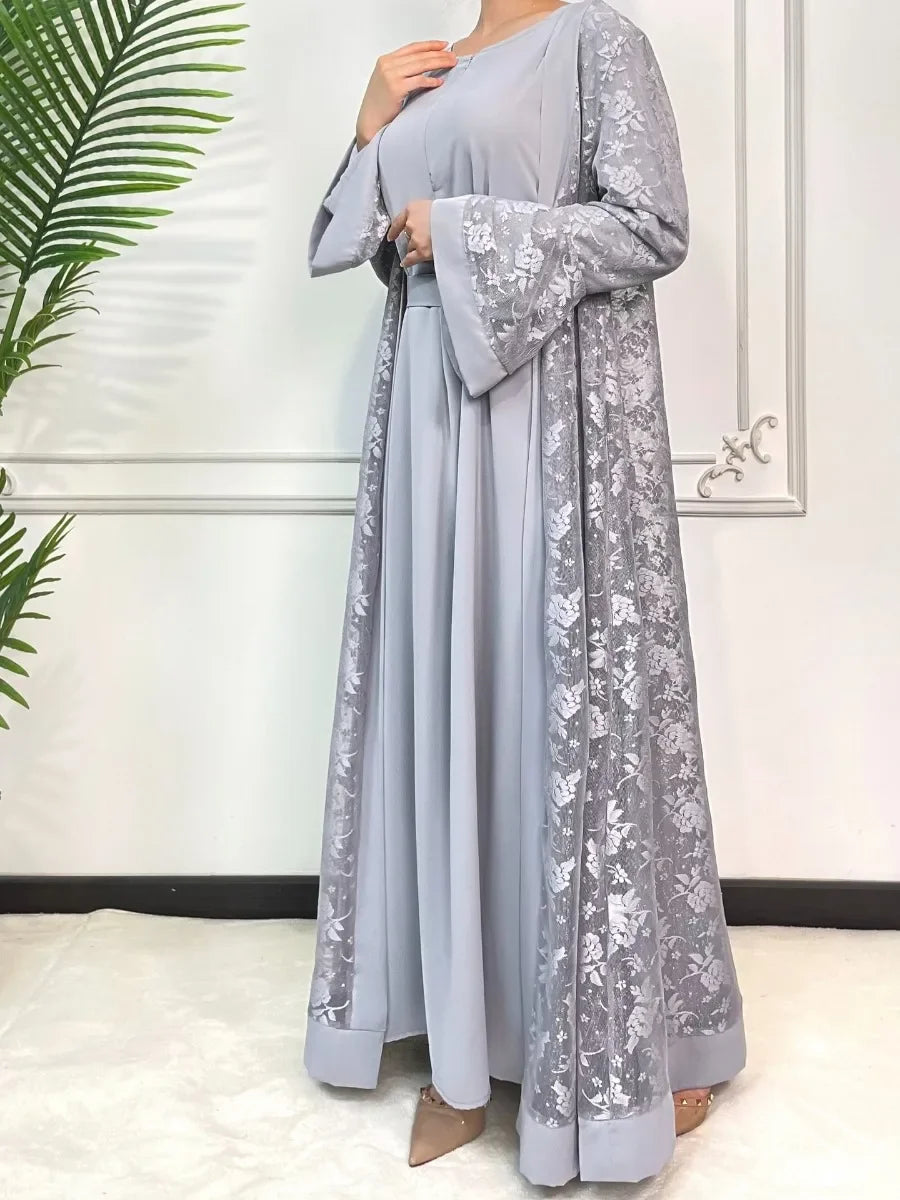 Ramadan Eid Prayer Lace Abaya 2 Piece Set Inner Dress Women Flare Sleeve Long Abayas Kaftan Djellaba Dubai Party Vestidos 2024 Beauty hair & fashionfj