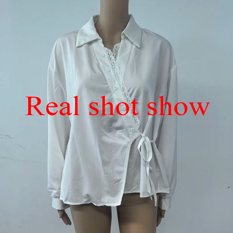 French Retro Lace Patchwork V-Neck Shirts Women Fashion Irregular Bandage Long Sleeve Shirt Woman Korean Design White Blouse
