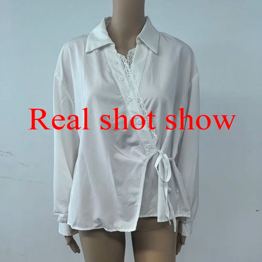 French Retro Lace Patchwork V-Neck Shirts Women Fashion Irregular Bandage Long Sleeve Shirt Woman Korean Design White Blouse